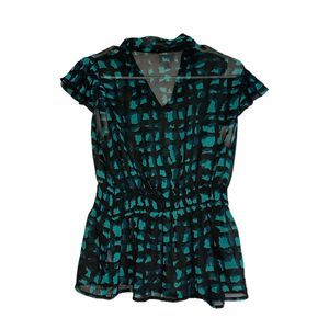 Worthington Teal and Black Short Sleeve Blouse, Size PL, Pre-owned